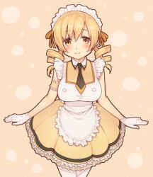 1girls apron blonde_hair cowboy_shot dress drill_hair female frills gloves human human_only kazabuki_poni looking_at_viewer mahou_shoujo_madoka_magica maid_apron maid_headdress mami_tomoe necktie puella_magi_madoka_magica simple_background solo tomoe_mami twin_drills yellow_eyes young