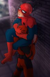 2boys blowjob blowjob_only clothed_blowjob deadpool flaminggay gay gay_blowjob head_grab held_up holding_head holding_up male male_only marvel masked masked_male moaning moaning_in_pleasure on_roof on_rooftop open_mouth oral oral_penetration oral_sex outdoor_sex peter_parker risky_sex shaking shaking_legs spider-man spider-man_(ps4) spider-man_(series) superhero_costume toe_curling wade_wilson wall wall_(structure) yaoi
