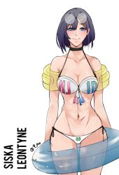 1girls bare_midriff bare_shoulders belly_button big_breasts bikini black_hair blue_eyes bob_cut cleavage exposed_shoulders exposed_torso floater glasses glasses_on_head medium_breasts midriff mole mole_under_eye navel nijisanji nijisanji_id nijisanji_indonesia pictorem_aw short_hair siska_leontyne solo solo_female solo_focus swim_ring swimsuit text two-piece_swimsuit virtual_youtuber white_background x_hair_ornament