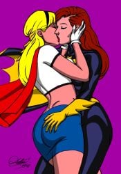 2girls ass ass_grab barbara_gordon batgirl batman_(series) big_ass boots cape dat_ass dc dc_comics dcau duo female female/female female_only gloves headband human human_only kara_zor-el kaywest kryptonian light-skinned_female light_skin passionate passionate_kiss skirt supergirl superheroine superman_(series) thick thick_ass yuri