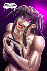 1girls bananacreamcake bangs book breast_squeeze completely_nude english_text female female_only fire_emblem fire_emblem_awakening nail_polish nintendo nude nude_female pinup purple_nails solo solo_female text tharja_(fire_emblem) tongue tongue_out transmorpher_dds