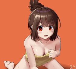 1girls barefoot breasts brown_hair feet female human human_only magia_record:_mahou_shoujo_madoka_magica_gaiden magical_girl mahou_shoujo_madoka_magica medium_breasts noeru open_mouth orange_eyes puella_magi_madoka_magica simple_background soles solo solo_female toes towel wet yui_tsuruno