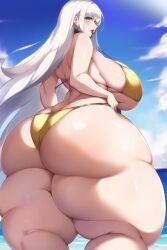 1girls ai_generated ass_focus bikini fat_ass gigantic_breasts mature_female panzerr plump red_lipstick thick_ass thick_thighs white_hair yellow_eyes