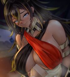 1boy 1girls aether_(genshin_impact) bare_shoulders big_breasts black_hair blonde_hair blue_eyes breast_smother breasts breasts_on_face busty dark-skinned_female dark_skin dehya_(genshin_impact) female genshin_impact male mea_(artist) mea_メア smile smothering straight sweat sweaty_breasts underboob