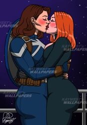 2girls ass big_ass big_breasts black_widow_(marvel) blush blushing breasts captain_america:_the_winter_soldier captain_america_(series) captain_carter curvy curvy_female curvy_figure duo fat_ass female female/female female_only kaywest kissing lesbian_kiss light-skinned_female marvel marvel_cinematic_universe marvel_comics natasha_romanoff peggy_carter red_hair shield superheroine thick thick_body voluptuous voluptuous_female what_if...? wide_hips yuri