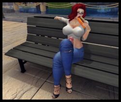 1futa 3d bench big_breasts big_penis clothed clothing erection futa_only futanari futarika glasses hot_dog human milf mostly_clothed penis penis_out public public_exposure red_hair sitting sitting_on_chair solo