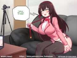 1girls bokuman casting_couch english_text female female_only kawaikereba_hentai_demo_suki_ni_natte_kuremasu_ka? solo text tokihara_sayuki