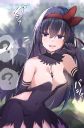 ? akemi_homura akuma_homura arm_behind_back bangs bare_shoulders black_choker black_dress black_gloves black_hair black_wings blurry blurry_background blush bow breast_slip breasts camera_flash chipa_(arutana) choker cleavage commentary_request commission cosplay covered_navel dress elbow_gloves eyelashes gloves groin hair_between_eyes hair_ribbon hairband hairbow hand_up highres human human_only lips long_hair looking_to_the_side mahou_shoujo_madoka_magica medium_breasts nipple_slip nipples open_mouth outdoors puella_magi_madoka_magica purple_eyes red_bow red_hairband red_ribbon ribbon sidelocks skeb_commission smile sound_effects spoken_question_mark straight_hair sweatdrop very_long_hair wings young