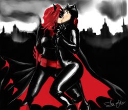 2girls batman_(series) batwoman catwoman curvy curvy_female dc dc_comics duo female female/female female_only johnyandall kissing latex lesbian lesbian_kiss lesbians light-skinned_female red_hair superheroine tight_clothing villain villainess wide_hips yuri