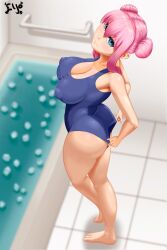 1girls bathroom bathtub big_ass big_breasts bocchi_the_rock! breasts eljodraw female female_focus female_only from_above gotou_hitori hairbuns hard_nipples nipple_bulge nipples_visible_through_clothing one-piece_swimsuit pink_hair skin_tight swimsuit tagme