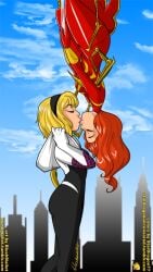 2girls big_breasts blonde_hair breasts duo female female/female female_only gwen_stacy hairband human human_only iron_spider kissing lesbian_kiss light-skinned_female light_skin lowres marvel mary_jane_watson red_hair spider-gwen spider-man_(series) spider-man_kiss spider-man_upside-down_kiss stardragon77 straight_hair superheroine upside-down yuri