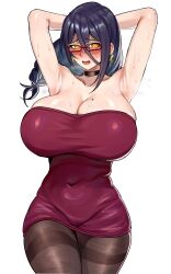 1girls absurdres armpits arms_up bakunyuu bare_shoulders beauty_mark belly_button belly_button_visible_through_clothing birthmark black_choker black_hair black_hair_female black_neckwear blank_background blush blushing_at_viewer braid braided_hair braided_ponytail breasts breath brown_legwear brown_pantyhose bulging_breasts bursting_breasts choker cleavage collarbone curvaceous daisy_(uyzoc) dress earrings embarrassed embarrassed_female eyebrows_visible_through_hair eyeglasses female_focus fully_clothed fully_clothed_female glasses hi_res high_resolution highres hourglass_figure huge_breasts huge_cleavage impossible_clothes impossible_dress jewelry looking_at_viewer massive_breasts microdress minidress mole mole_on_breast navel navel_visible_through_clothes neckwear nervous nervous_face nervous_sweat nose_blush open_mouth original pantyhose plain_background ponytail ponytail_female ponytail_hair raised_eyebrows red_dress red_eyewear red_glasses red_microdress red_minidress revealing_clothes revealing_dress semi-rimless_eyewear semi-rimless_glasses shoulderless_dress shoulders simple_background single_braid single_female single_girl solid_color_background solo solo_female standing standing_female strapless strapless_dress sweat sweatdrop sweaty_armpits sweaty_arms sweaty_breasts thighband_pantyhose tied_hair tight tight_dress tight_fit top_heavy top_heavy_breasts upper_teeth uyzoc yellow_earrings yellow_eyes yellow_eyes_female