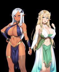 2girls armpits big_breasts blonde_hair blue_eyes couple dark-skinned_female dark_elf elf long_hair looking_at_viewer multiple_girls navel nipples_visible_through_clothing no_panties original red_eyes sela_god stockings thick_thighs thighhighs white_hair yuri