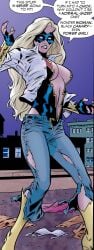 blonde_female blonde_hair blue_eyes cleavage cleavage_cutout comic_book_character dc dc_comics dialogue dialogue_bubble domino_mask electricity genderbend genderbender genderbent genderswap genderswap_(mtf) rule_63 shocking_suzi superheroine tagme tall_woman torn_clothes torn_clothing