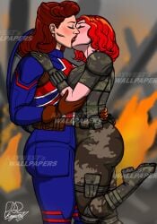 2girls ass big_ass big_breasts black_widow_(marvel) blush blushing breasts captain_america_(series) captain_carter curvy curvy_female curvy_figure duo fat_ass female female/female female_only kaywest kissing lesbian_kiss light-skinned_female marvel marvel_cinematic_universe marvel_comics natasha_romanoff peggy_carter red_hair shield superheroine thick voluptuous voluptuous_female what_if...? wide_hips yuri