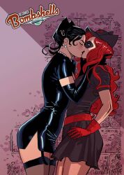 2girls artist_request ass batman_(series) batwoman black_hair breasts catwoman curvy curvy_female dc dc_comics duo female female/female female_only garter_straps gloves hat kiss kissing lesbian lesbian_kiss lesbians light-skinned_female mask red_hair stockings superheroine tight_clothing villain villainess wide_hips yuri