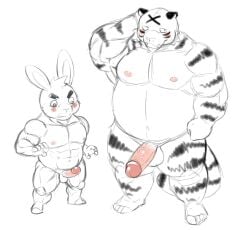 2023 anthro balls belly big_belly blush duo erection felid genitals hi_res hupi1008 kemono lagomorph leporid male male/male mammal moobs muscular muscular_male navel nipples overweight overweight_male pantherine penis penis_size_difference rabbit tiger