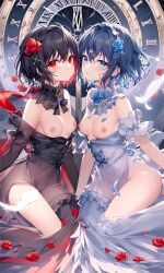 ai_generated artist_request background benghuai_xueyuan blue_eyes blue_hair breasts closed_mouth female_focus female_only hair half-dressed honkai_impact_3rd nipples open_mouth red_eyes red_hair seele_vollerei short_hair small_breasts uncensored veliona