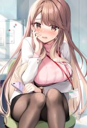 big_breasts blush character_request embarrassed labcoat lanyard leggings oryou skirt