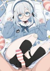 absurdres bag bar_censor barefoot bed beret blue_eyes blue_hair blush censored cum cum_in_pussy female footjob glasses hair_ornament hat highres looking_at_viewer medium_hair nijisanji no_shoes penis pillow pov school_uniform soles solo toes virtual_youtuber virtuareal ycyc yua_(virtuareal)