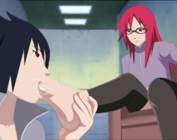 1boy1girl barefoot black_hair choking darkalx eyewear feet_in_mouth fetish foot_fetish foot_focus foot_in_mouth foot_worship glasses illusion male/female megane naruto naruto_(series) naruto_shippuden oral oral_sex red_eyes red_hair sasuke_uchiha straight unusual_pupils uzumaki_karin