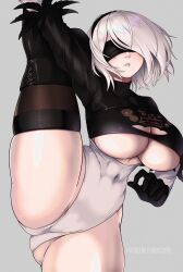 1girls 2d ass ass_visible_through_thighs big_breasts black_blindfold blindfold breasts clothing eyewear female female_only hair huge_breasts leg_up legwear leotard lips mole mole_under_mouth nier nier:_automata nier_(series) noxcuro one_leg_raised one_leg_up short_hair solo solo_female square_enix thick_thighs thighs white_hair yorha_2b