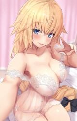 1girls blonde_hair blue_eyes blush braid braided_hair braided_ponytail breasts camera cleavage fate/apocrypha fate/grand_order fate_(series) huge_breasts jeanne_d'arc_(fate) lace lingerie long_hair looking_at_viewer nightgown nipples on_bed open_mouth recording see-through selfie sitting smile solo thick_thighs thighs untsue v wide_hips