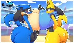 2girls big_ass big_breasts breasts_to_breasts female female_only huge_ass huge_breasts lucario no_nipples pokemon pokemon_(species) shiny_pokemon thiccbuns wilsonbunnycake