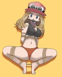 1girls arms_tied_behind_back ball_gag black_ball_gag black_bra blonde_hair bondage bondage bra breasts dankestofdans gag gagged grey_eyes hat large_breasts legs_tied lingerie long_hair looking_at_viewer midriff navel nintendo panties pink_hat pokemon pokemon_xy red_panties rope rope_between_breasts rope_bondage serena_(pokemon) shibari_over_clothes sunglasses sunglasses_on_hat