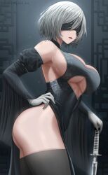 1girls abp_art android android_girl ass blindfold breasts china_dress dress female hartman_hips hips hourglass_figure large_ass large_breasts light-skinned_female light_skin nier nier:_automata short_hair sword thick_thighs thighhighs thighs thunder_thighs thunderthighs white_hair wide_hips yorha_2b