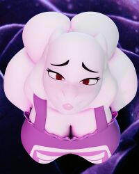 3d 3d_(artwork) anthro apron ass big_ass big_breasts blush breasts brown_eyes cleavage clothed clothing female front_view fur furry furry_only hi_res horns huge_ass huge_breasts huge_butt huge_thighs junkron kneeling long_ears looking_at_viewer milf purple_background solo toriel tutori_(under(her)tail) under(her)tail undertale undertale_(series) waiting white_body white_fur