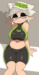 1girls beauty_mark big_breasts bike_shorts booty_shorts breasts earrings facial_markings female huge_breasts inkling knees_together_feet_apart light-skinned_female light_skin looking_at_viewer marie_(splatoon) mole_under_eye naughty_face navel nintendo pointy_ears short_shorts shorts sitting slightly_chubby smile splatoon splatoon_(series) sports_bra sportswear suggestive_look tentacle_hair thick_thighs thighs tied_hair white_hair yellow_eyes yuta_agc