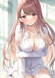 bed blush bottomless character_request cleavage long_hair original oryou shirt_only tagme