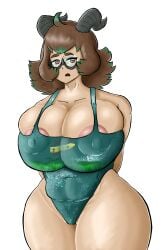 1girls areolae beefmaster cameltoe chubby embarrassed glasses gogoat grama_(beefmaster) horns huge_breasts nipple_bulge one-piece_swimsuit original_character pokemon pokemon_(species) red_eyes tight_clothing wide_hips