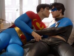 appasart batman_(series) big_bulge bulge caucasian caucasian_male clothed dc dc_comics dick_grayson erection_under_clothing gay huge_bulge human human_only jon-el jonathan_kent male male_only masked muscles muscular muscular_male nightwing on_bed romantic_couple superboy superboy_(jonathan_kent) superhero superman_(series)