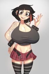 arm_tattoo big_breasts big_eyes black_hair black_tank_top black_tattoo breasts busty cleavage clothed cropped_legs dyed_hair ear_piercing ear_stud female front_view goth_girl gradient_background grey_background hand_gesture huge_breasts jack_cayless legwear medium_hair midriff miniskirt neck_tattoo no_panties pelvic_lines plaid_skirt red_skirt rosie_(jack_cayless) shoulder_tattoo skirt skull_tattoo slender_waist slim_girl solo spiked_bracelet stockings stockings_thigh_highs striped_legwear tank_top tattoo tattoo_on_arm tattoo_on_neck tattoo_on_shoulder thighhighs top_heavy two_tone_hair unbuckled_belt web_tattoo zettai_ryouiki