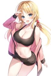 1girls big_breasts blonde_hair blush female female_only hachimiya_meguru idolmaster idolmaster_shiny_colors light-skinned_female light_skin oryou simple_background solo sports_bra twintails