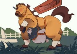 2023 absurd_res anal animal_genitalia animal_penis anthro anthro_on_feral balls bear belly belly_riding big_belly black_body blush brown_body detailed_background duo equid equine equine_genitalia equine_penis erection feral genitals giant_panda hi_res horse kemono male male/male mammal outside overweight overweight_male penis quanjiang sex undercarriage white_body zoophilia