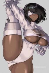 1girls ass ass_visible_through_thighs big_breasts black_hair blindfold breasts clothing dark-skinned_female eyewear female female_only hair huge_breasts leg_up legwear leotard lips mole mole_under_mouth nier nier:_automata nier_(series) noxcuro one_leg_raised one_leg_up short_hair solo solo_female square_enix thick_thighs thighhighs thighs white_blindfold yorha_2p