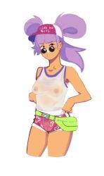 1girls areolae biconti breasts cameltoe entrapta nipples pink_eyes purple_hair she-ra_and_the_princesses_of_power shorts solo wet_clothes wet_shirt