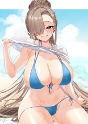 1girls asuna_(blue_archive) bikini blonde_hair blue_archive blue_bikini blue_eyes breasts cleaning_&_clearing_(blue_archive) comichipota female grin hair_over_one_eye huge_breasts light-skinned_female light_skin long_hair looking_at_viewer millennium_science_school_student smile thick_thighs tied_hair wet wet_body wide_hips