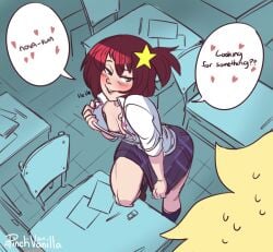 a_pinch_of_vanilla alpha_omega_nova ass big_ass blonde_hair blush breasts classroom green_eyes heart horny horny_female inviting inviting_to_sex luluco medium_breasts nipples red_hair removing_shirt space_patrol_luluco text thick_thighs wanting_sex