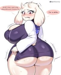 1girls anthro ass backboob big_ass big_breasts blush breasts cleavage clothed clothing dialogue english_text female female_only fur furry furry_only goat heart horn large_ass large_breasts looking_back milf nipple_bulge open_mouth simple_background solo solo_female speech_bubble standing startop sweat sweatdrop tail text thick_thighs toriel undertale undertale_(series) upskirt voluptuous white_background wide_hips