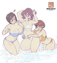 3girls bikini bokuman crossover female female_only game_freak glasses mei_(overwatch) multiple_girls nintendo no_background overwatch pokemon pokemon_sm scooby-doo signature text velma_dinkley wicke_(pokemon)