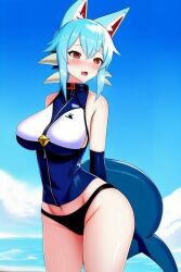 ai_generated animal_ears anime_style beach big_breasts big_butt black_thong black_thong_panties blue_clothing blue_ears blue_gloves blue_hair blue_sky blush clothed clothed_female clothing female female_focus female_human fish_tail gloves hands_behind_back huge_breasts light-skinned light-skinned_female ocean open_mouth red_eyes solo solo_female stable_diffusion swimsuit tail thighs thong water white_body white_clothing white_skin