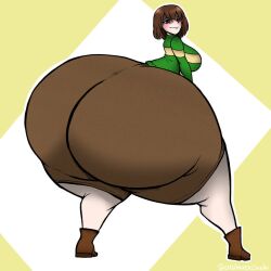 1girls 2023 2d ass ass_bigger_than_head ass_expansion big_ass big_breasts bottom_heavy breasts brown_hair chara clothed clothing enormous_ass female female_only gigantic_ass huge_ass human human_female human_only hyper_ass large_ass looking_at_viewer looking_back massive_ass ordinaryzashi red_eyes sideboob smile solo thick_thighs toby_fox undertale undertale_(series) voluptuous