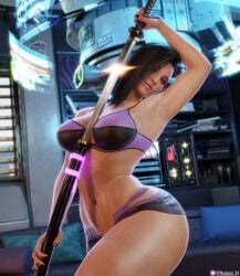 2023 3d absurd_res armpits big_breasts black_hair breasts cd_projekt_red cyberpunk cyberpunk_(series) cyberpunk_2077 female female_only fit fit_female hi_res highres katana nemesis_3d shiny_skin standing sword t1girls thick_thighs thighs unsheathing v_(cyberpunk_2077) valerie_(cyberpunk_2077)