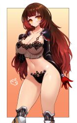 :o android bangs black_bra black_panties blunt_bangs blush border bra brown_hair female gradient_hair groin hand_on_own_chest highres hololive hololive_gen_0 hololive_japan long_hair mechanical_arms mechanical_legs multicolored_hair navel no_pants notte_(artist) panties parted_lips red_hair roboco-san robot robot_girl science_fiction solo stomach strapless thighs two-sided_gloves underwear virtual_youtuber wavy_hair white_border yellow_eyes