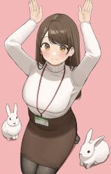 1girls 2animals big_breasts blush lanyard long_hair ol-chan_(ol_mahonanoka) ol_mahonanoka original rabbit skirt