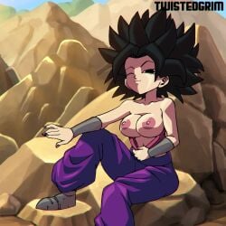 1girls 2d 2d_animation animated black_eyes black_hair breasts caulifla clothing dragon_ball dragon_ball_super female_only female_saiyan nipples no_sound outdoors shorter_than_10_seconds shorter_than_30_seconds sitting solo teenager tongue_out twistedgrim undressing video